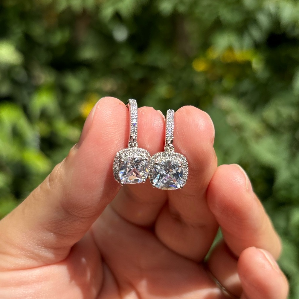 18K White Gold Plated Stainless Steel Diamond Dangling Earrings - Picture 2 of 5
